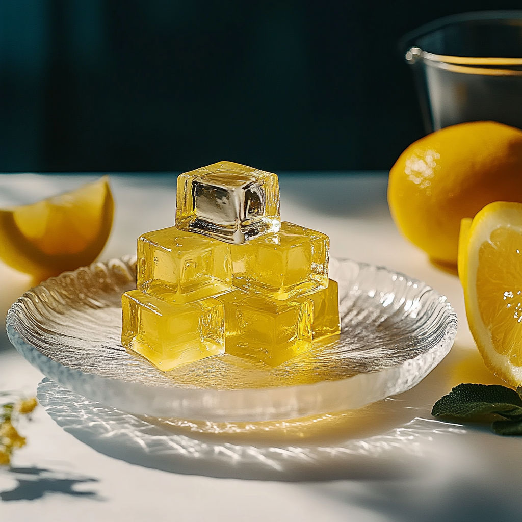 A plate of lemon squares with a lemon wedge on the side.
