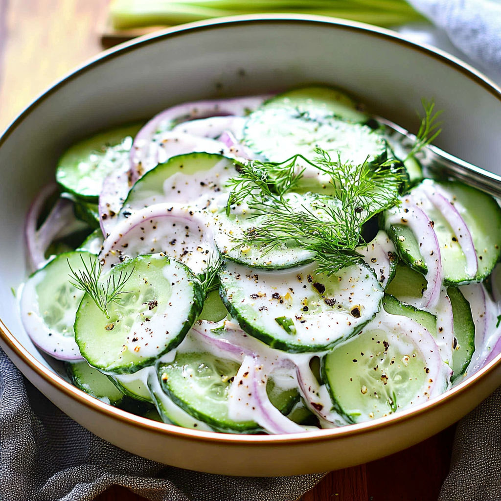A bowl of sliced cucumbers with onions and herbs.