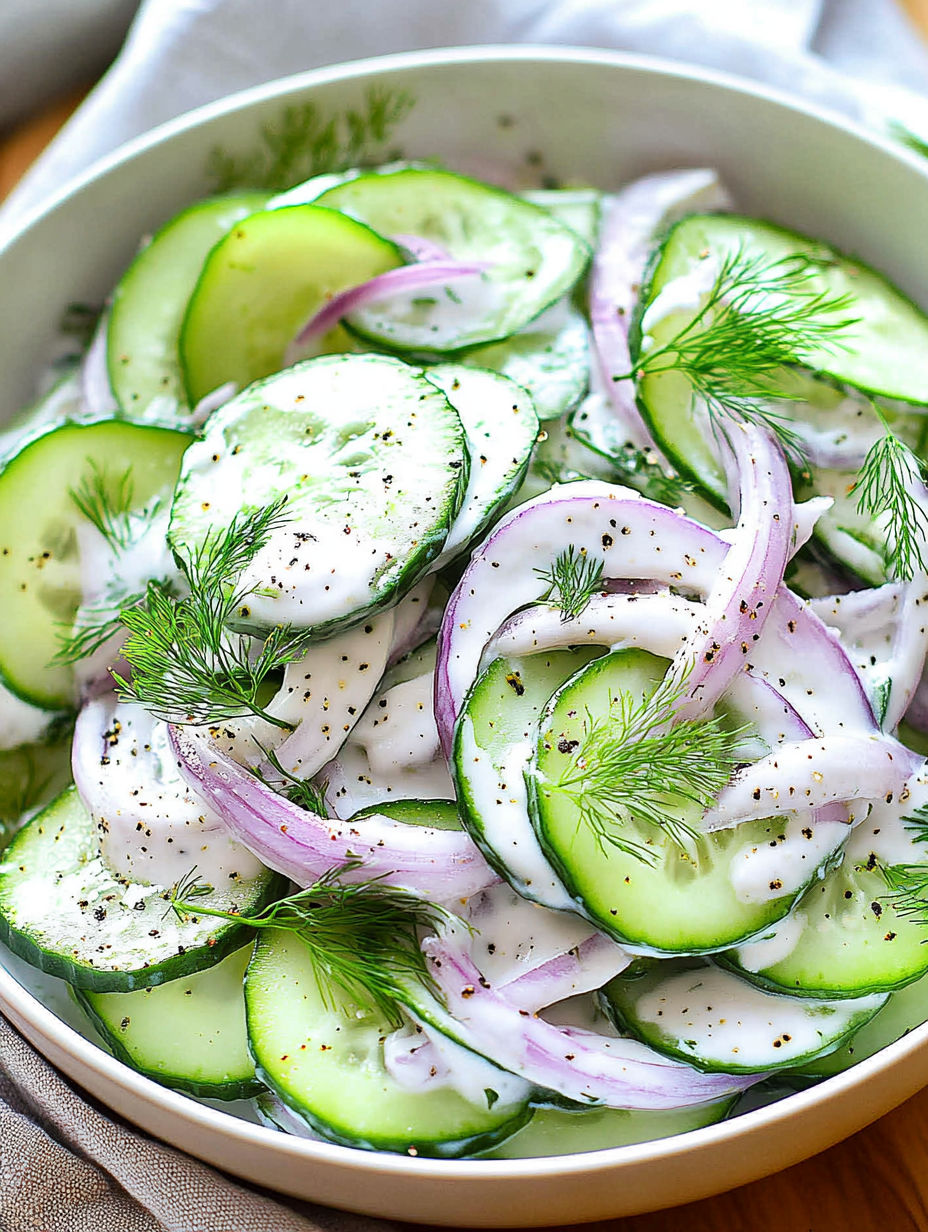 A bowl of sliced cucumbers and onions.