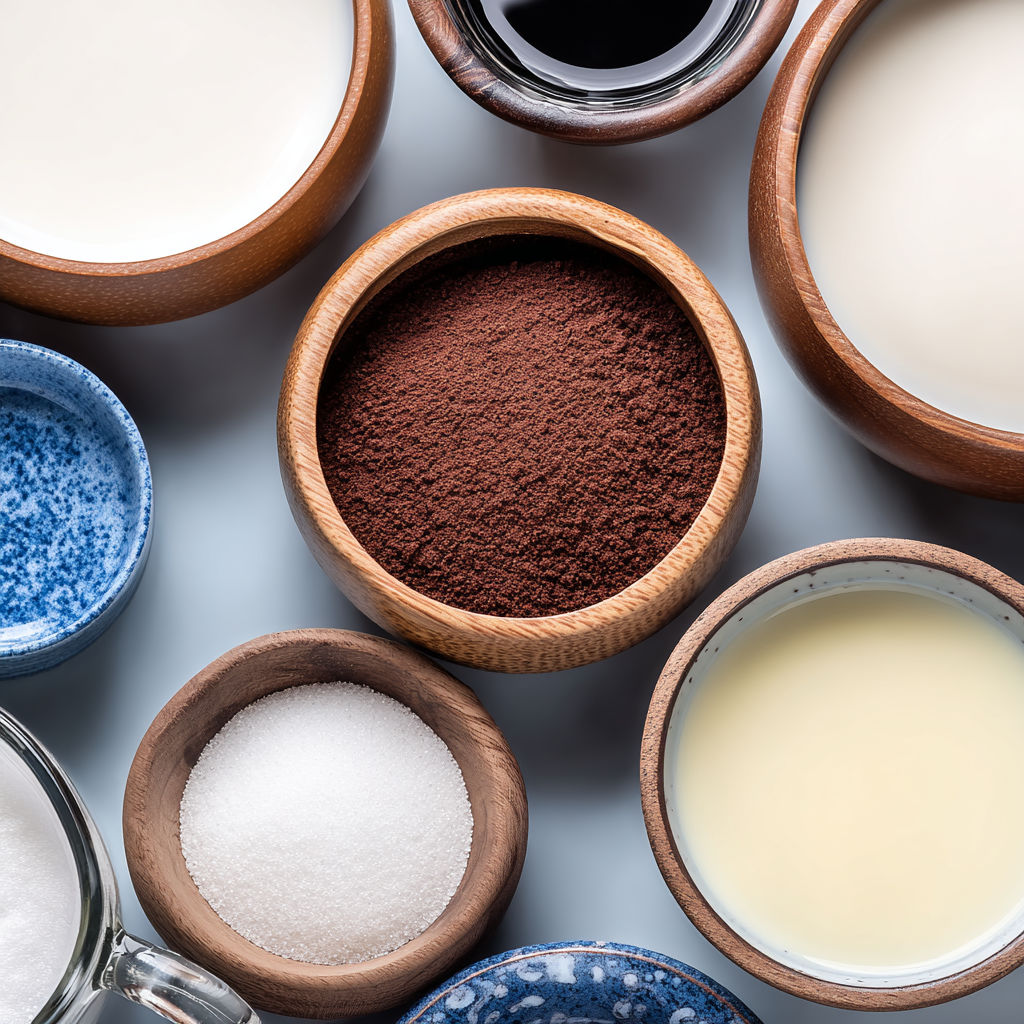 Various bowls of food and drinks.