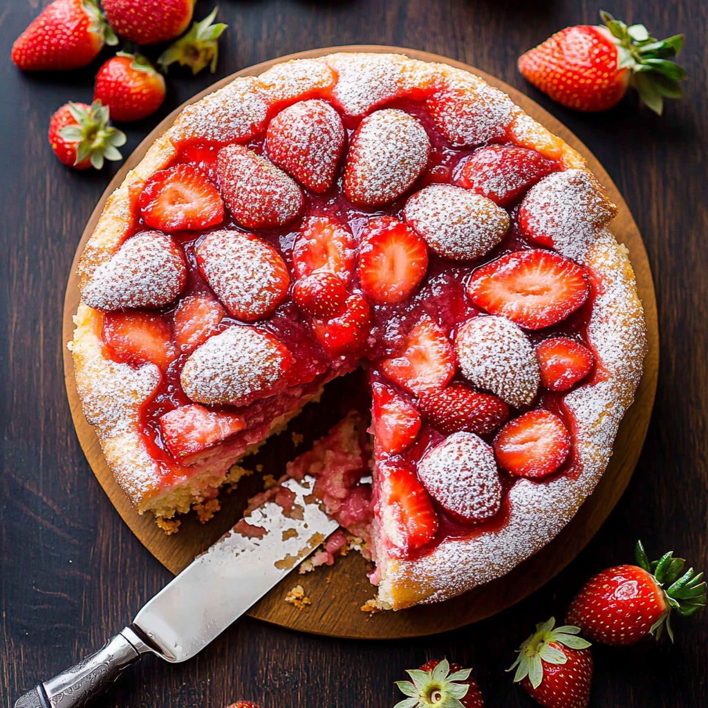 A slice of strawberry cake with whipped cream on a wooden board.