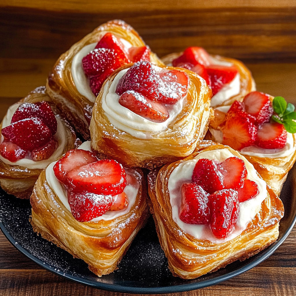 A plate of pastries with strawberries on top.