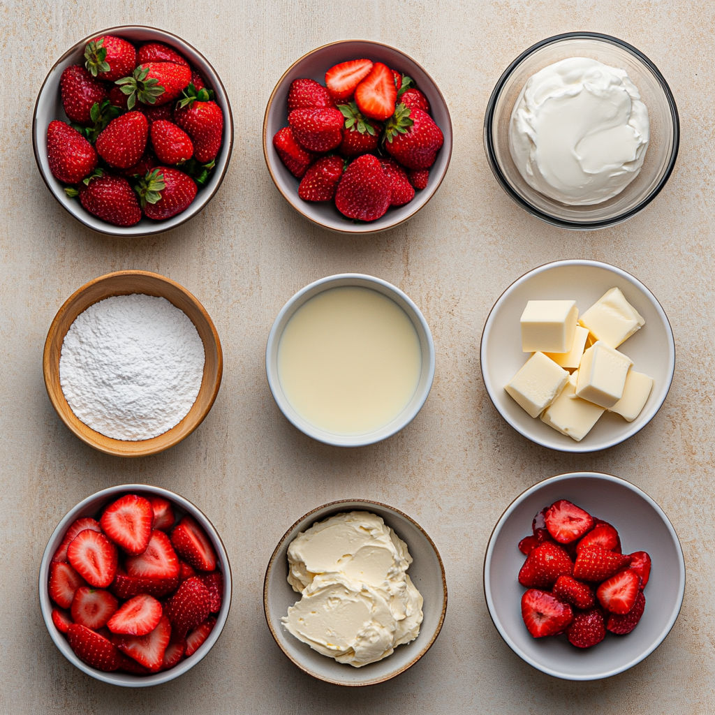 A variety of foods are displayed in bowls, including strawberries, butter, and cream.