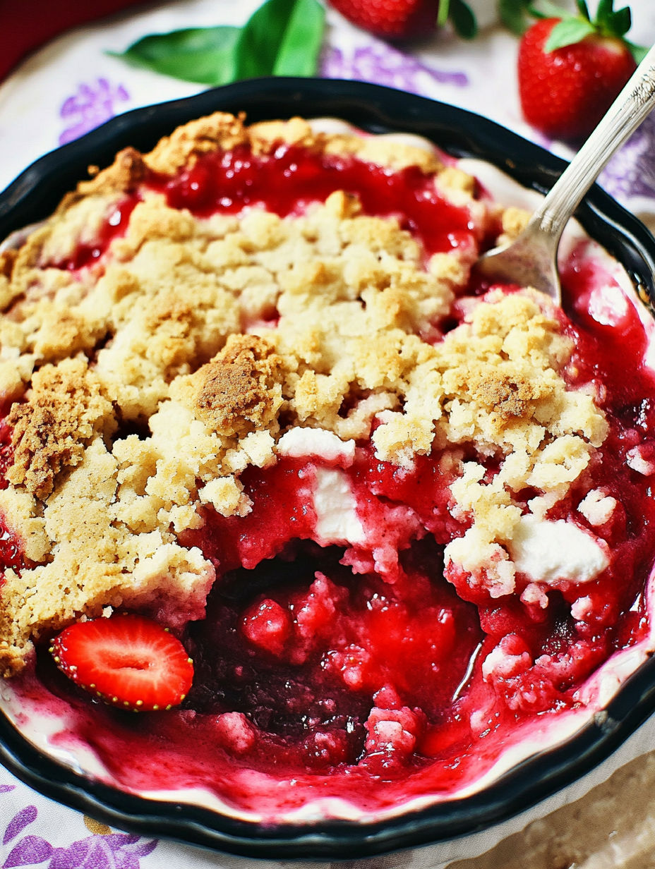 A bowl of strawberry shortcake with a spoon in it.