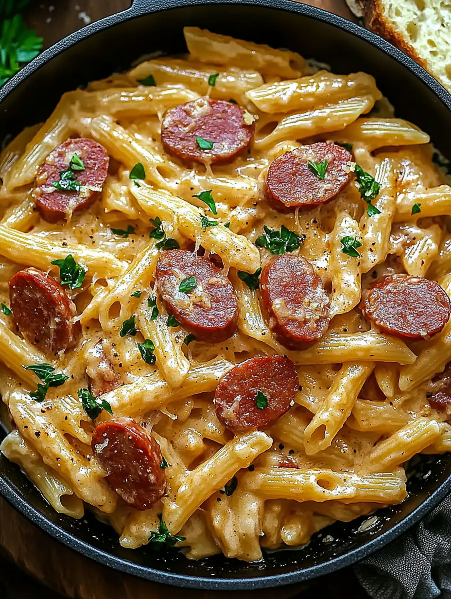 A bowl of pasta with meatballs and sausage.