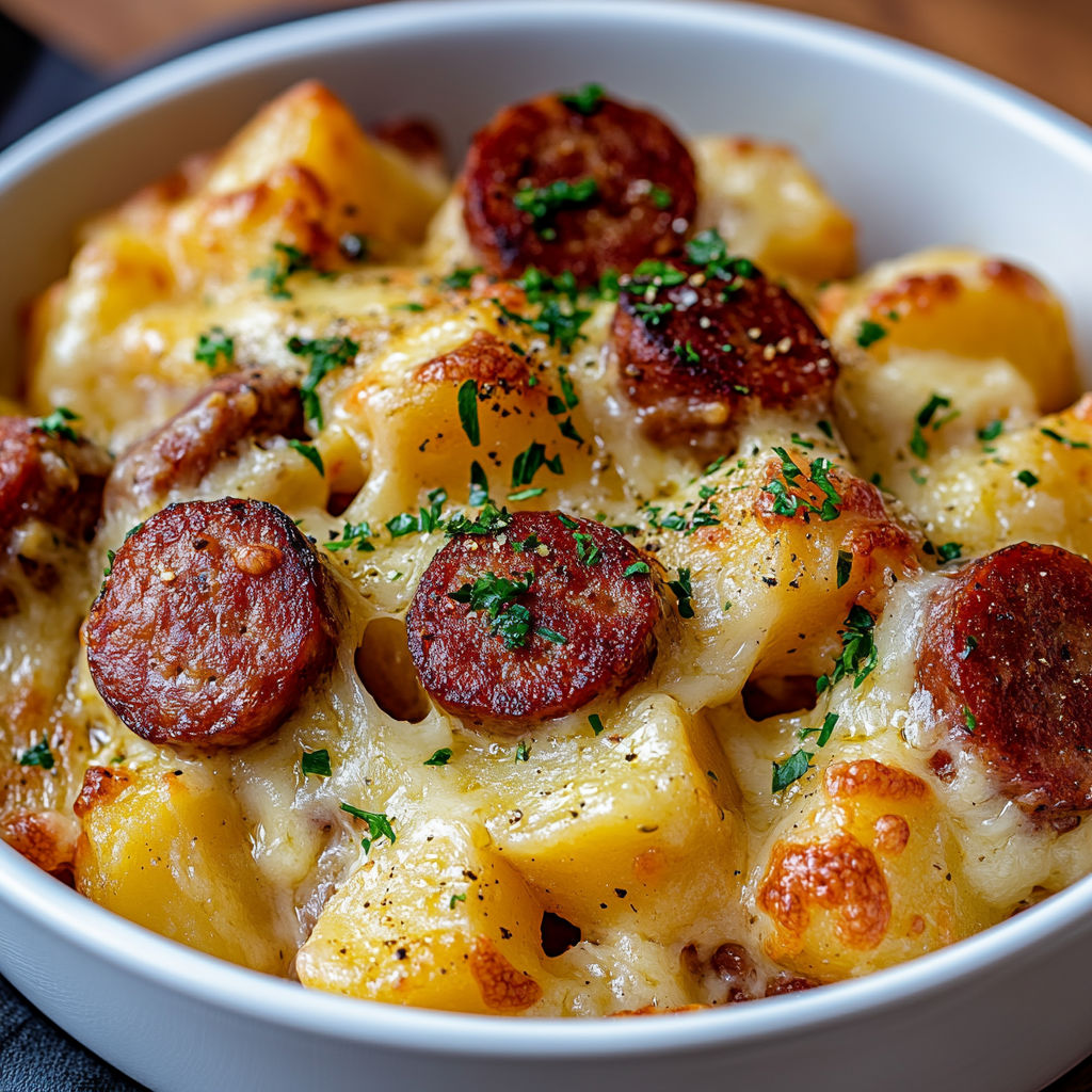 A bowl of food with sausage and cheese.
