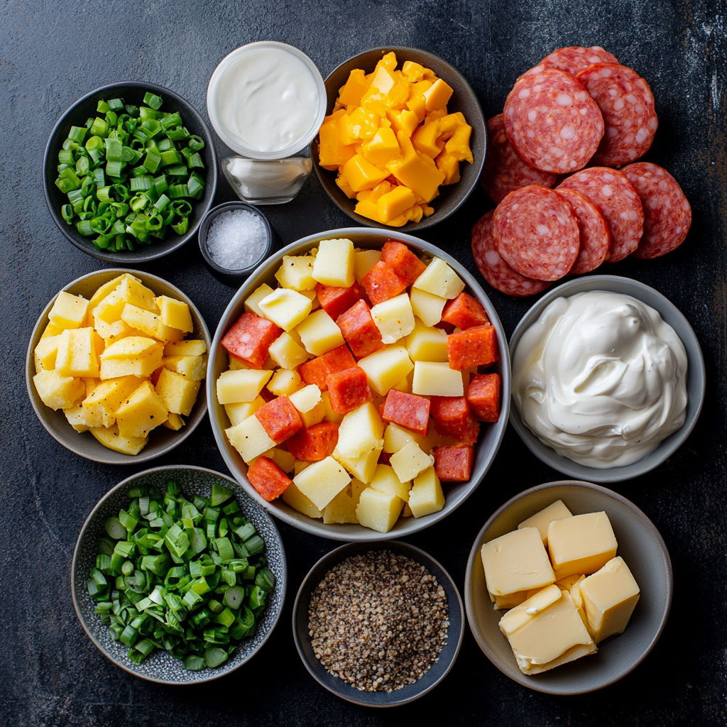 A variety of foods are displayed in bowls, including meat, cheese, and vegetables.