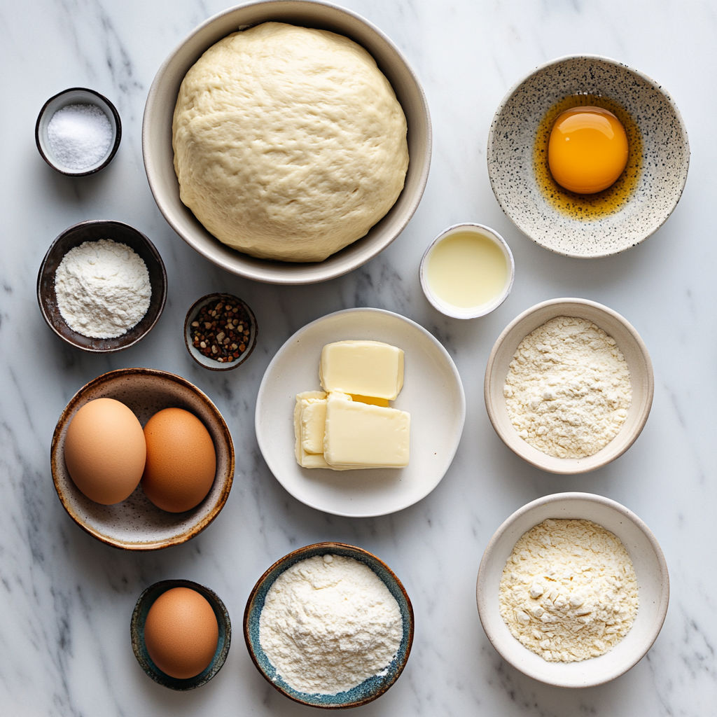 A variety of food items are displayed on a table.