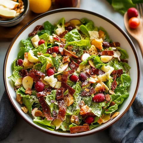 A bowl of salad with bacon, cheese, and cranberries.