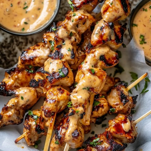 A plate of chicken skewers with sauce.