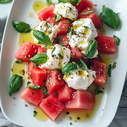 A plate of watermelon with cheese and basil.