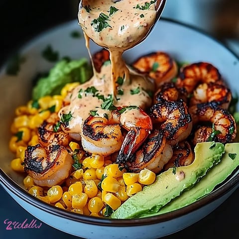 A bowl of shrimp and corn with a spoon in it.