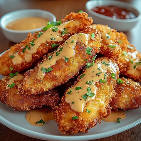 A plate of fried chicken with dipping sauce.
