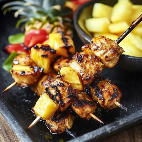 A plate of food with chicken skewers and pineapple.