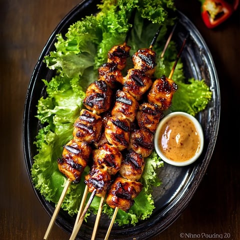 A plate of food with meat on a stick.
