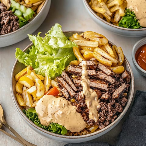A bowl of food with lettuce and fries.