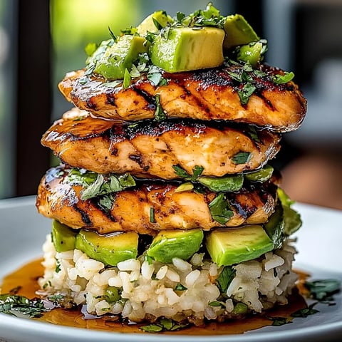 A stack of chicken with rice and avocado.