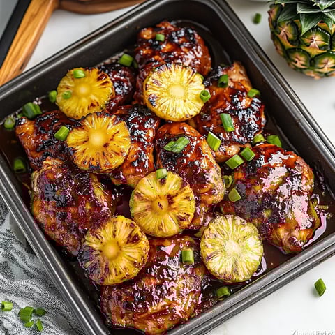 A pan of chicken with pineapple and green onions.