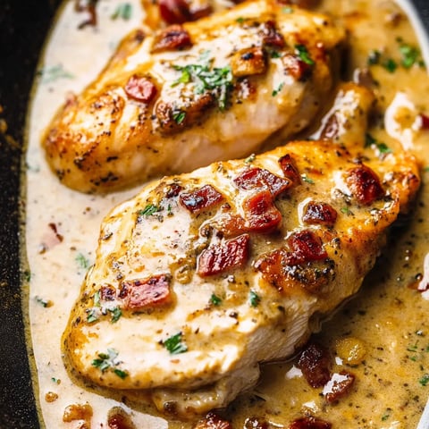 Chicken with bacon and herbs in a sauce.