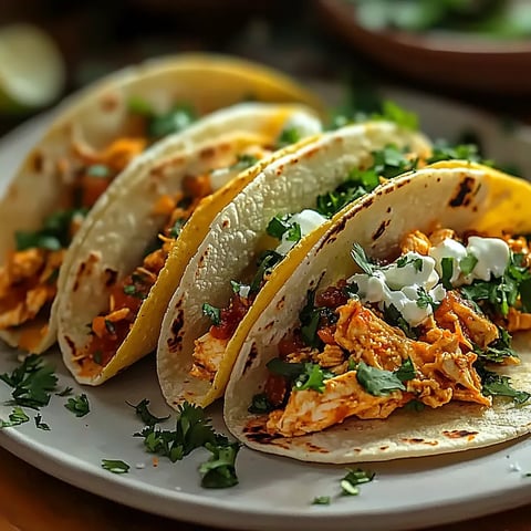 A plate of tacos with white sauce.