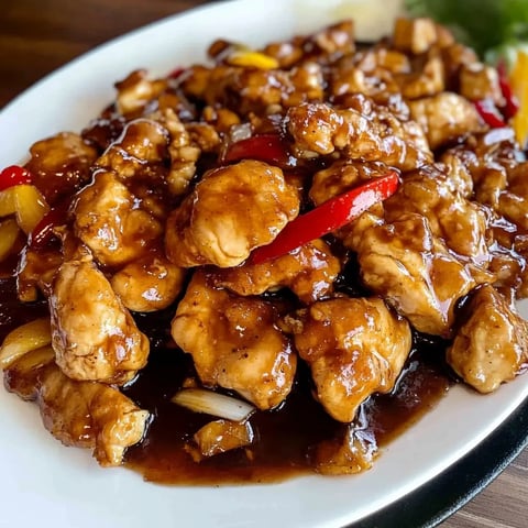 A plate of chicken with peppers and sauce.
