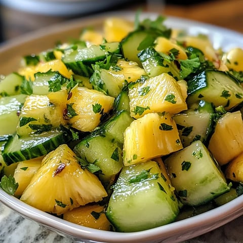 A bowl of sliced cucumbers and pineapple.