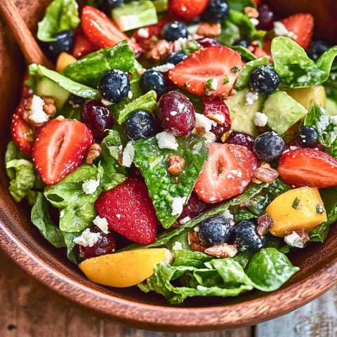 A bowl of fruit salad with strawberries, blueberries, and other fruits.
