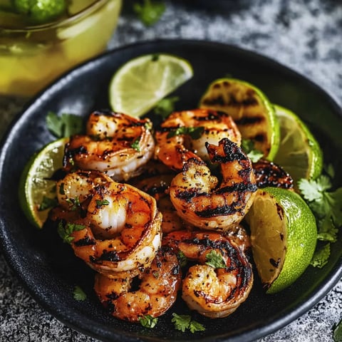 A bowl of shrimp with limes and herbs.