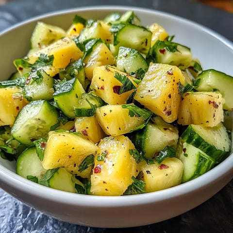 A bowl of sliced cucumbers and pineapple.