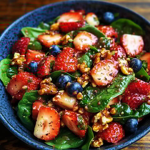 A bowl of strawberries, blueberries, and walnuts.