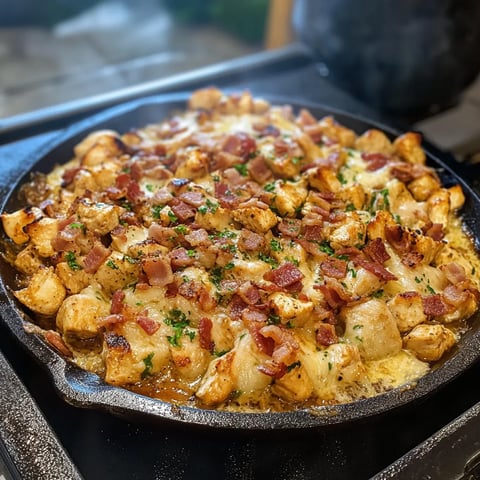 A pan of food with bacon and cheese.