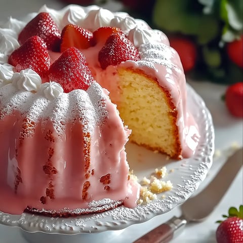 A slice of pink cake with white frosting and strawberries.