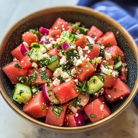 A bowl of fruit salad with watermelon, cucumber, and onion.