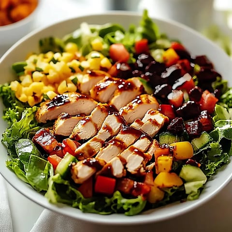 A bowl of salad with chicken and tomatoes.