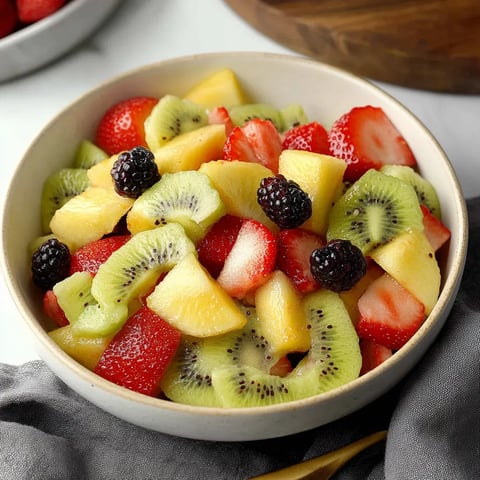 A bowl of fruit with kiwi, strawberries, and blackberries.