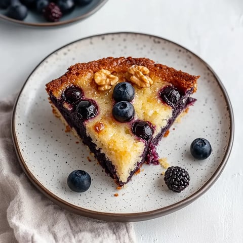 A slice of cake with blueberries on top.