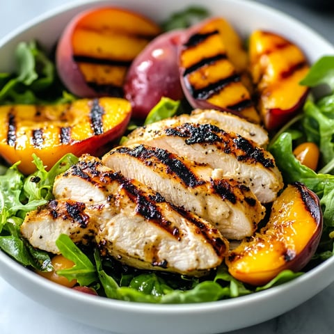 A bowl of food with chicken, peaches, and greens.