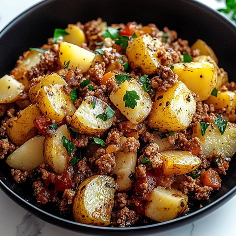A bowl of food with potatoes and meat.