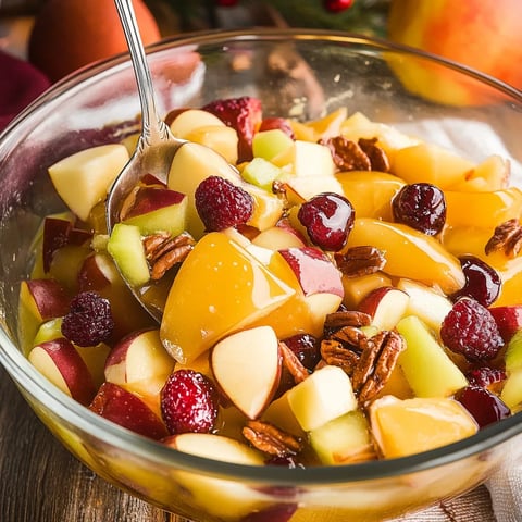 A bowl of fruit with a spoon in it.