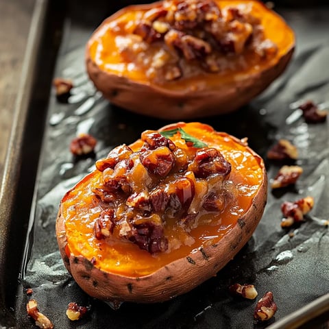Two sliced sweet potatoes with toppings.