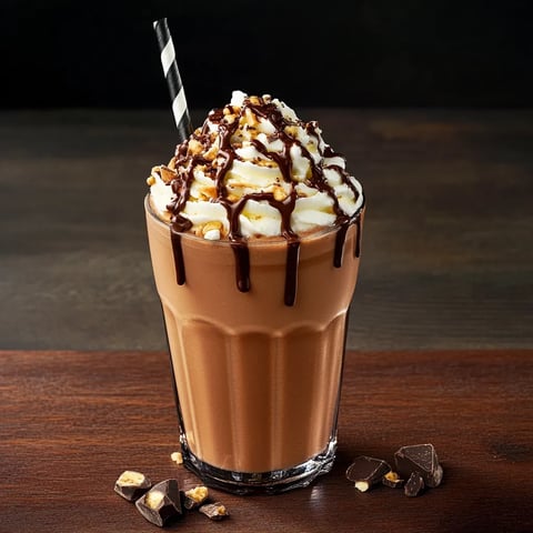 A glass of chocolate milk with a straw.