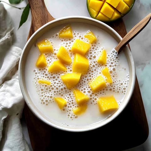 A bowl of mango yogurt with a spoon in it.