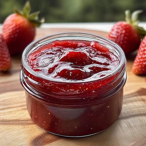 A jar of strawberry jam with strawberries on the side.