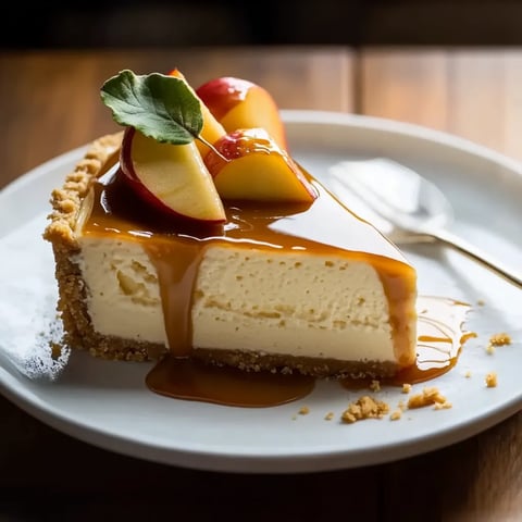 A slice of pie with apples and caramel.