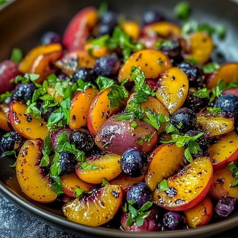 A bowl of fruit with blueberries, peaches, and other fruits.