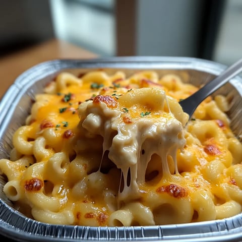 A fork is stuck in a cheesy macaroni dish.