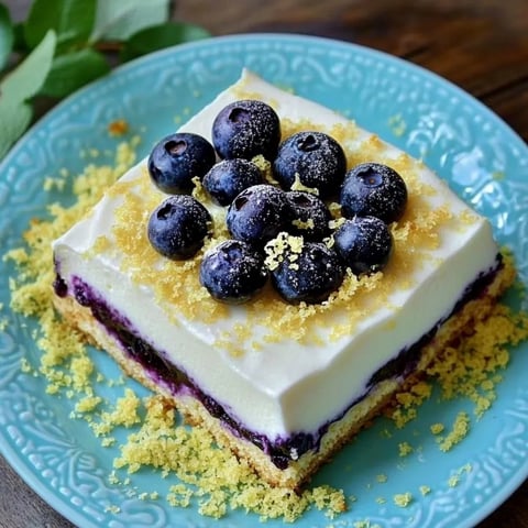 A slice of cake with blueberries on top.