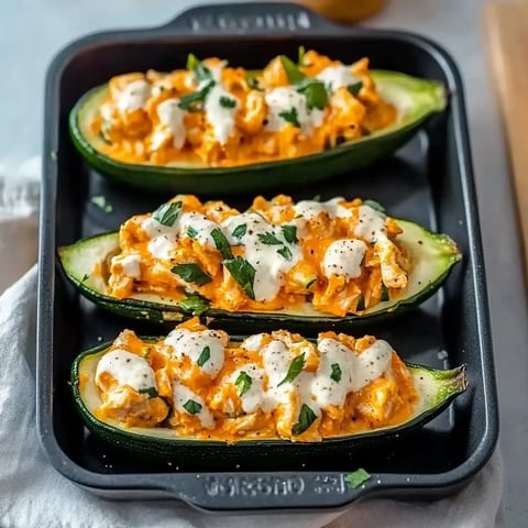 Three zucchini boats filled with a creamy sauce.