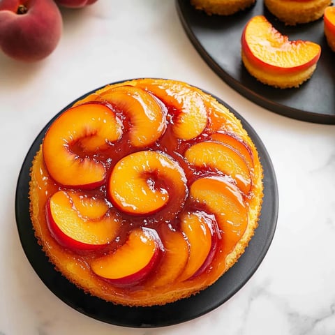 A peach cake with a swirl of peaches on top.