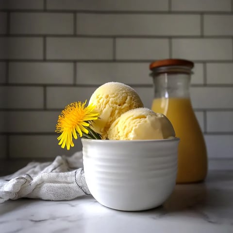 A bowl of ice cream with a yellow flower in it.